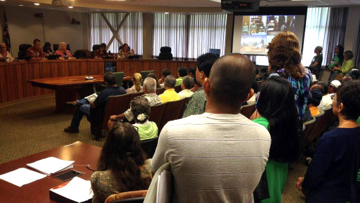 The Hawaii County Council chamber in Hilo was packed with a huge crowd to watch the decision making on Bill 79, which would ban GMOs on the Big Island.