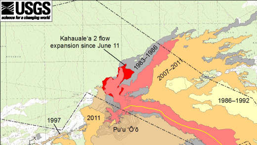 USGS map: This isolated close-up shows active Kahaualeʻa 2 flow north of Puʻu ʻŌʻō, as of June 27, 2013. The Kahaualeʻa 2 flow started on May 6 and continues to spread slowly on the lower flank and at the northern base of the Puʻu ʻŌʻō cone.