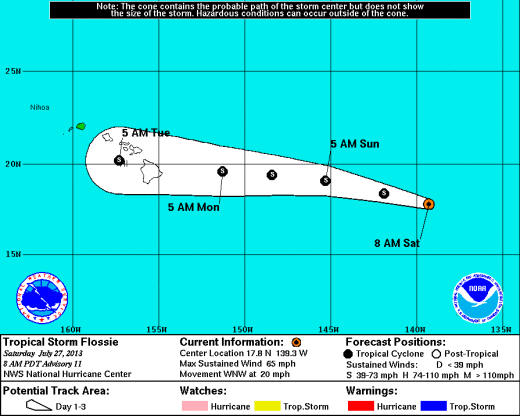 From the National Weather Center: This graphic shows an approximate representation of coastal areas under a hurricane warning (red), hurricane watch (pink), tropical storm warning (blue) and tropical storm watch (yellow). The orange circle indicates the current position of the center of the tropical cyclone. The black line, when selected, and dots show the National Hurricane Center (NHC) forecast track of the center at the times indicated. The dot indicating the forecast center location will be black if the cyclone is forecast to be tropical and will be white with a black outline if the cyclone is forecast to be extratropical. If only an L is displayed, then the system is forecast to be a remnant low. The letter inside the dot indicates the NHC's forecast intensity for that time:  D: Tropical Depression – wind speed less than 39 MPH S: Tropical Storm – wind speed between 39 MPH and 73 MPH H: Hurricane – wind speed between 74 MPH and 110 MPH M: Major Hurricane – wind speed greater than 110 MPH