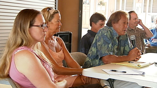 HAAS Principal Steve Hirakami speaks during special meeting on the schoo bus situation on Sunday.