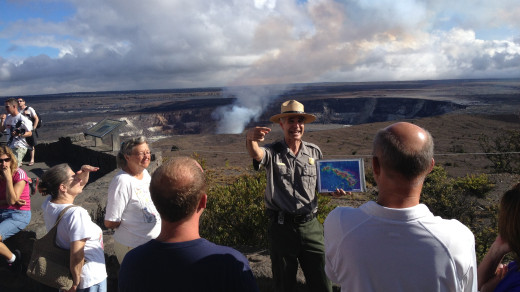 Park Ranger Dean Gallagher explains the eruptive history of Halema`uma`u Crater during a "Life on the Edge" talk, courtesy HVNP