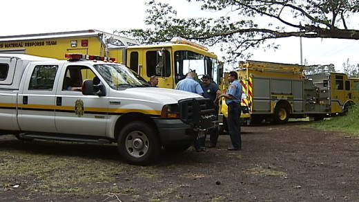 Hazmat, EMS and fire crews at the command post near PGV on Sunday