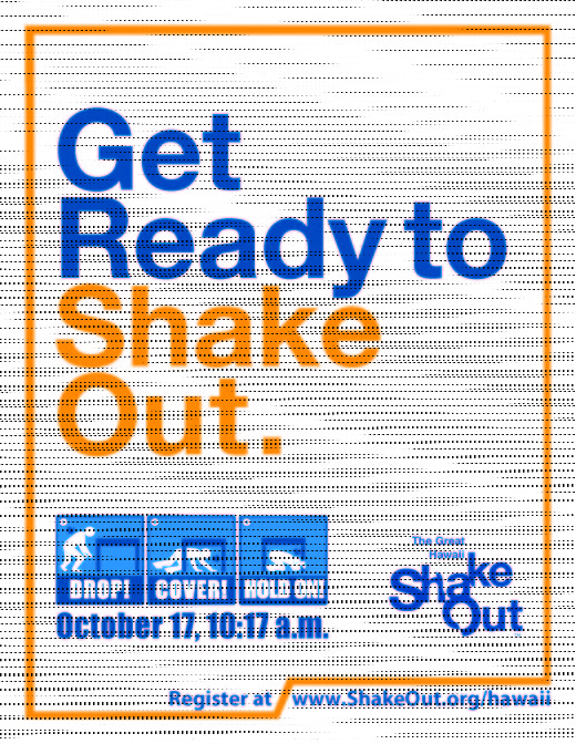 All Hawaii residents are encouraged to participate in the Great Hawaii ShakeOut earthquake drill at 10:17 a.m. on October 17, 2013.  For more information, please visit http://shakeout.org/hawaii/ or the Hawaiian Volcano Observatory website (http://hvo.wr.usgs.gov).