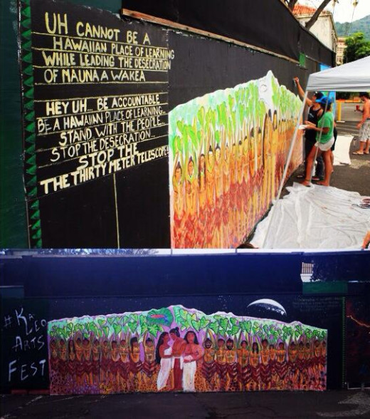 The mural before (with the text of protest) and after (text covered), by Haley Kailiʻehu