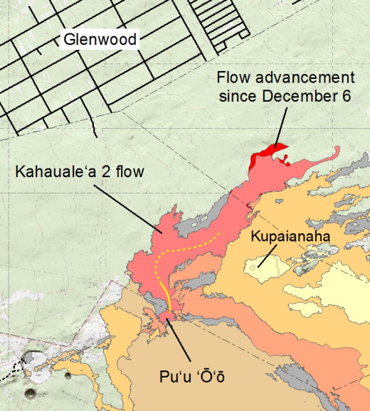 A closer look of the USGS map. The area of the Kahaualeʻa 2 flow as of December 6 is shown in pink, while widening of the flow as of December 26 is shown in red. Older lava flows are distinguished by color: episodes 1–48b flows (1983–1986) are shown in gray; episodes 48c–49 flows (1986–1992) are pale yellow; episodes 50–55 flows (1992–2007) are tan; episodes 58–60 flows (2007–2011) are pale orange, and episode 61 flows (2011–2013) are reddish orange. The active lava tube is shown with a yellow line. 