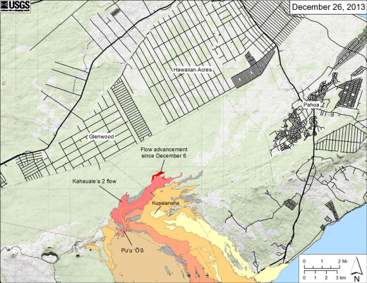 USGS map showing the Kahaualeʻa 2 flow in relation to the eastern part of the Big Island as of December 26, 2013.