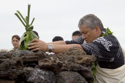 Mayor Billy Kenoi presents a hookupu at the ahu built by those involved in Friday's ceremony at O'oma. Photo courtesy Hawaii County.