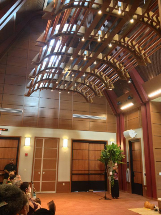 Beneath the roof (inspired by the pili grass thatched home of Princess Ruth Ke`elikōlani),  inside the new College of Hawaiian Language building 