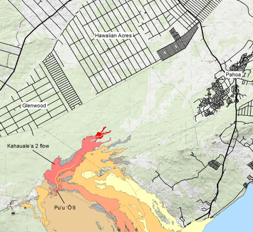 USGS HVO map: Map showing the Kahaualeʻa 2 flow in relation to the eastern part of the Big Island as of January 24, 2014. The front of the Kahaualeʻa 2 flow was 7.8 km (4.8 miles) northeast of Puʻu ʻŌʻō last week. These fingers stalled during a prolonged deflation–inflation cycle (DI event) at Kīlauea’s summit which started on January 17 and appears to be just finishing today (January 24). Lava flows have since resumed but are active closer to Puʻu ʻŌʻō, with the focus of activity about 5.6 km (3.5 miles) from the vent. The area of the Kahaualeʻa 2 flow as of January 10 is shown in pink, while widening of the flow as of January 24 is shown in red. Older lava flows are distinguished by color: episodes 1–48b flows (1983–1986) are shown in gray; episodes 48c–49 flows (1986–1992) are pale yellow; episodes 50–55 flows (1992–2007) are tan; episodes 58–60 flows (2007–2011) are pale orange, and episode 61 flows (2011–2013) are reddish orange. The active lava tube is shown with a yellow line.