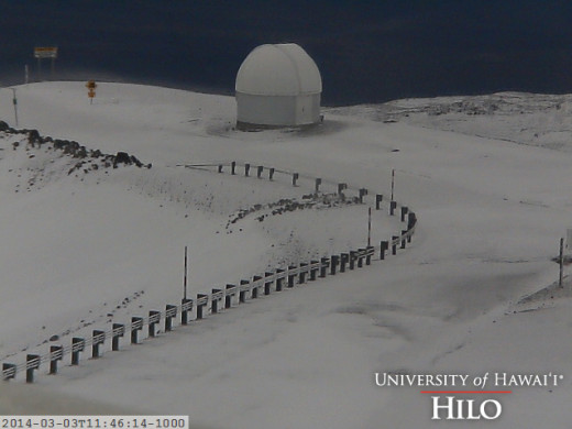 Snow blankets the summit area, courtesy UH-Hilo webcam