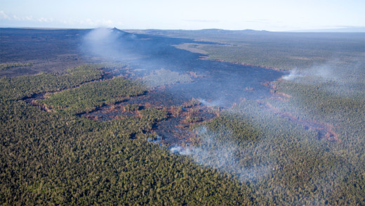 Mar 7, 2014: The Kahaualeʻa 2 flow remains active, and the active flow front is moving through thick forest northeast of Puʻu ʻŌʻō. The flow front today was 7.9 km (4.9 miles) northeast of the vent on Puʻu ʻŌʻō. Puʻu ʻŌʻō is visible in the upper left of the photograph, and is partly obscured by fume. (USGS HVO photo)