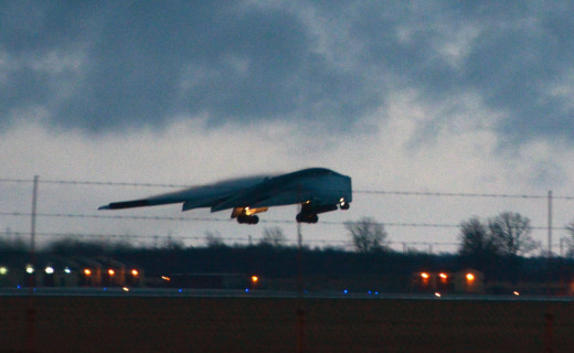 A B-2 Spirit bomber takes off at dawn from Whiteman Air Force Base, Mo, April 2, 2014. Two B-2s and two B-52 Stratofortress bombers from Barksdale Air Force Base, La., flew nonstop from their respective home stations to training ranges within the vicinity of Hawaii and conducted long range training operations and low approach flights at Hickam Air Force Base. (U.S. Air National Guard photo by Senior Master Sgt. Mary-Dale Amison) 