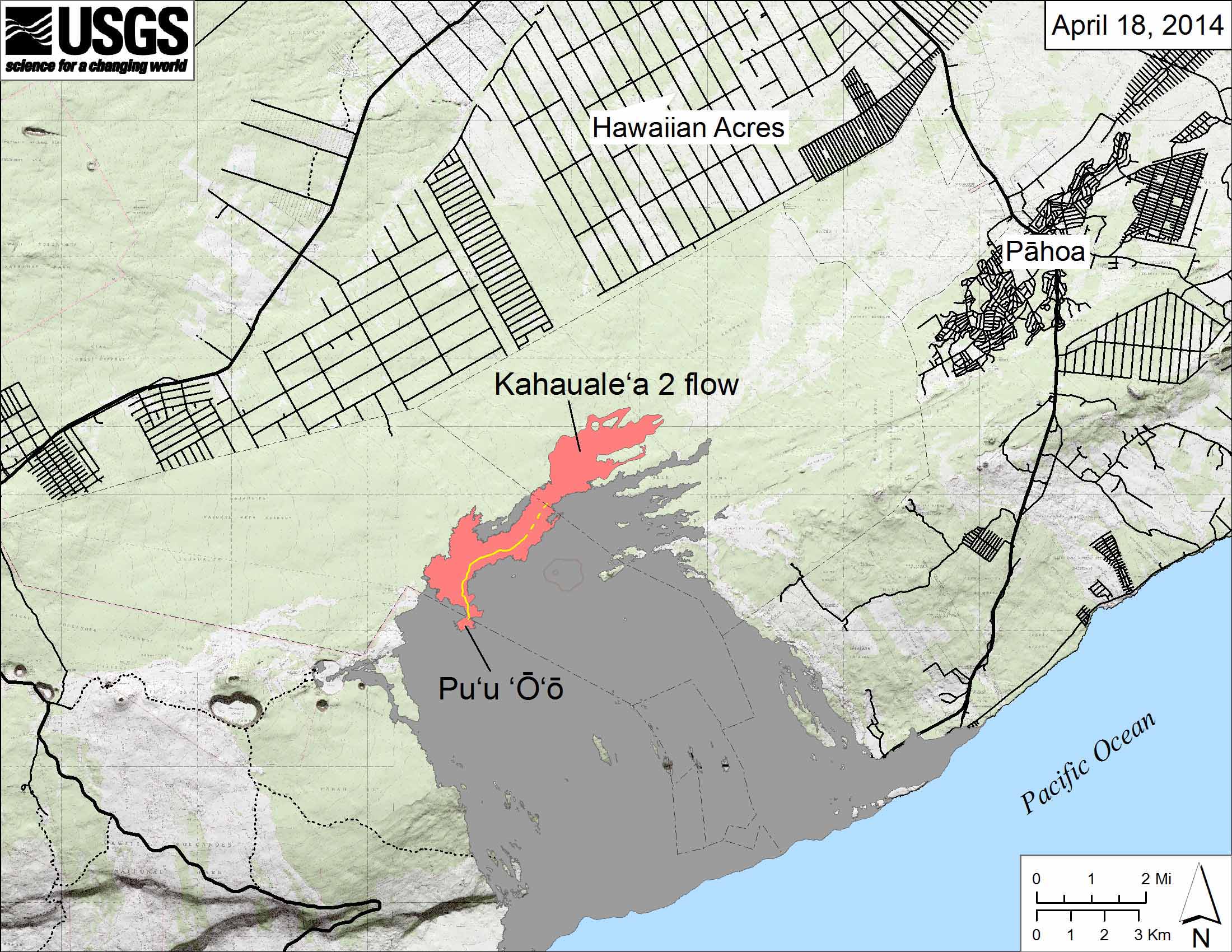 The Kahaualeʻa 2 lava flow, as of April 18, 2014, is shown in pink, with a yellow line indicating the active lava tube. The most distant active front of the flow retreated over the past week, probably in response to a DI event.  The area covered by older lava flows erupted from Kīlauea in 1983‒2013 is shown in gray.  An updated map is posted at http://hvo.wr.usgs.gov/maps/ after every Hawaiian Volcano Observatory overflight of the flow.