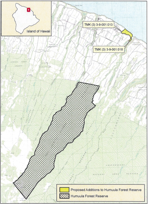 map shows the full Humu'ula section of the Hilo Forest Reserve in relation to the O'okala Community Forest, from the BLNR submittal