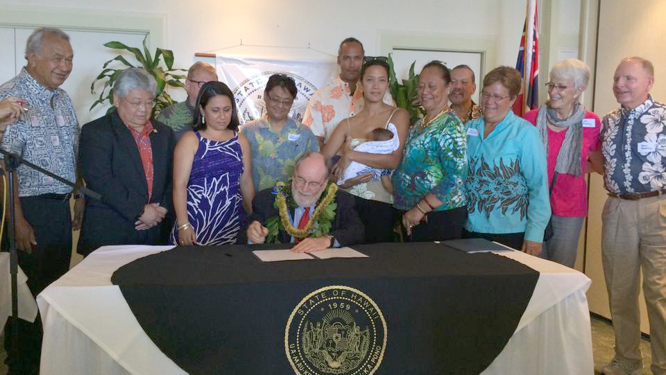 Governor Neil Abercrombie signs Senate Bill 3093 into law while surrounded by supporters of the University, 'Imiloa Astronomy Center, and RISE 21st Century After School Program.