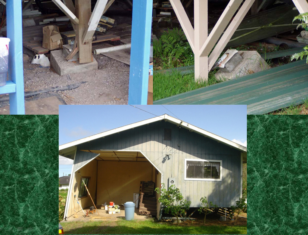 Photos show damage to post and pier homes following the Kiholo earthquake, courtesy Dr. Don Thomas' slide presentation.