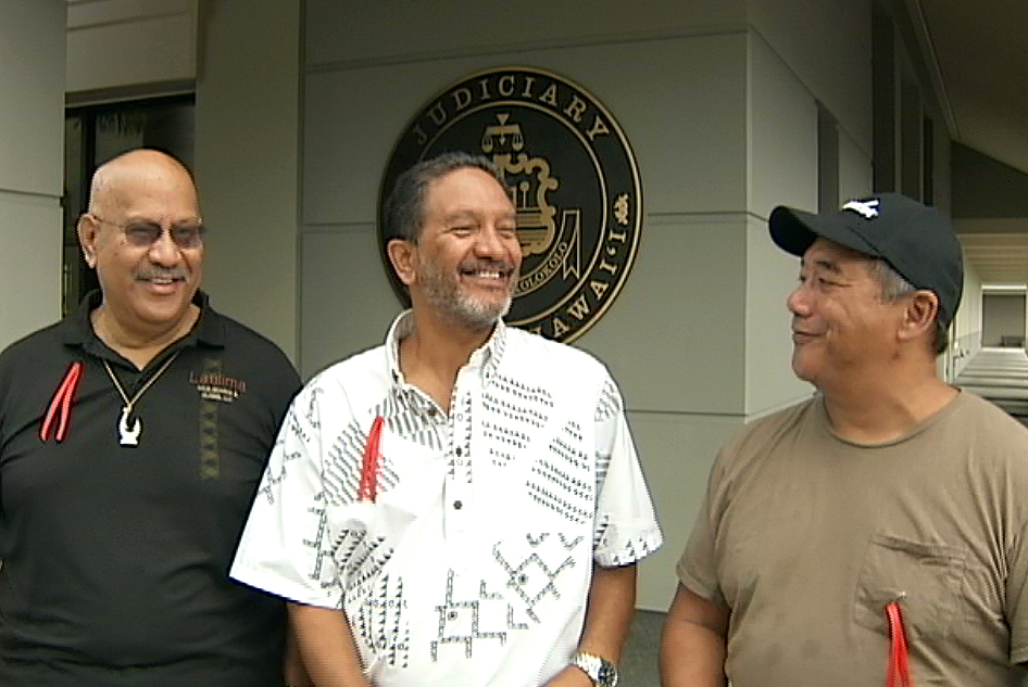 Outside the courthouse in Hilo, from left to right: Kale Gumapac, Dexter Kaiama and supporter  Randy Lorenzo.