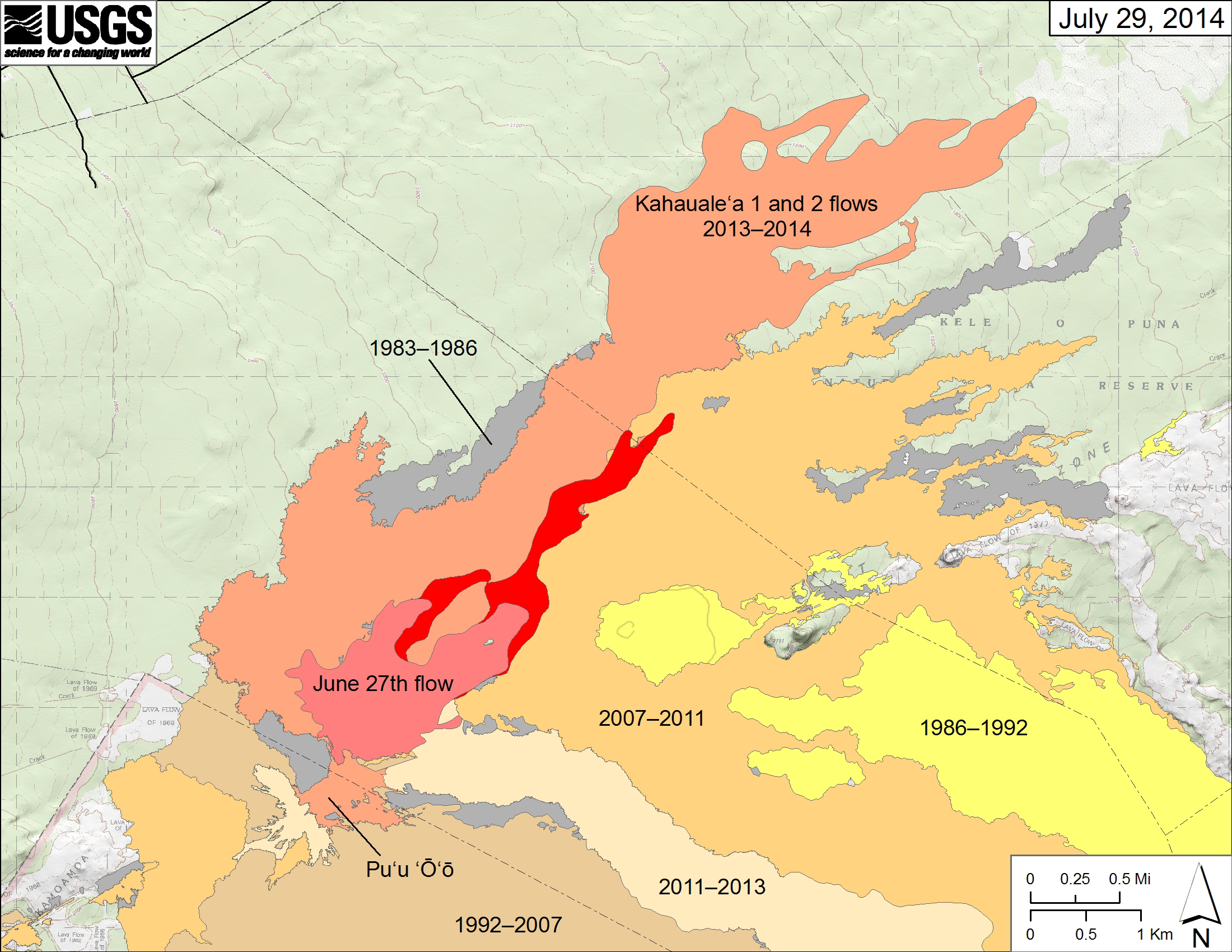 CREDIT: USGS HVO. Map showing the June 27th flow at Puʻu ʻŌʻō in Kīlauea’s East Rift Zone. The area of the flow as mapped on July 18 is shown in pink, while widening of the flow as of July 29 is shown in red. Older lava flows are distinguished by color: episodes 1–48b flows (1983–1986) are shown in gray; episodes 48c–49 flows (1986–1992) are yellow; episodes 50–55 flows (1992–2007) are tan; episodes 58–60 flows (2007–2011) are pale orange; early episode 61 flows (2011–2013) are very light tan; and the recent episode 61 Kahaualeʻa flows (2013–2014) are reddish orange.