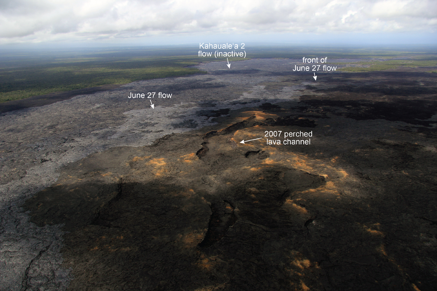 Another view of the front of the June 27 flow, looking northeast. The flow front has narrowed as it has been confined against the slopes of the 2007 perched lava channel, and this is associated with a higher advance rate of the flow front over the past four days.  CREDIT: USGS HVO