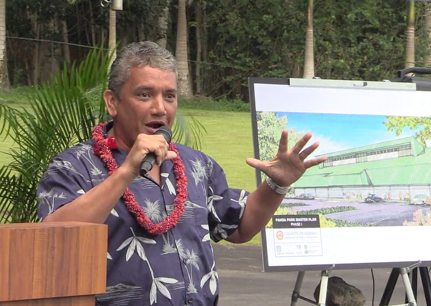 Mayor Billy Kenoi spoke with excitement during the Pahoa District Park groundbreaking.