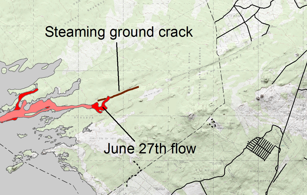 Closer look at the lava flow map posted on August 22, 2014. Black Sand Beach subdivision is seen in the lower right of the frame (USGS HVO)