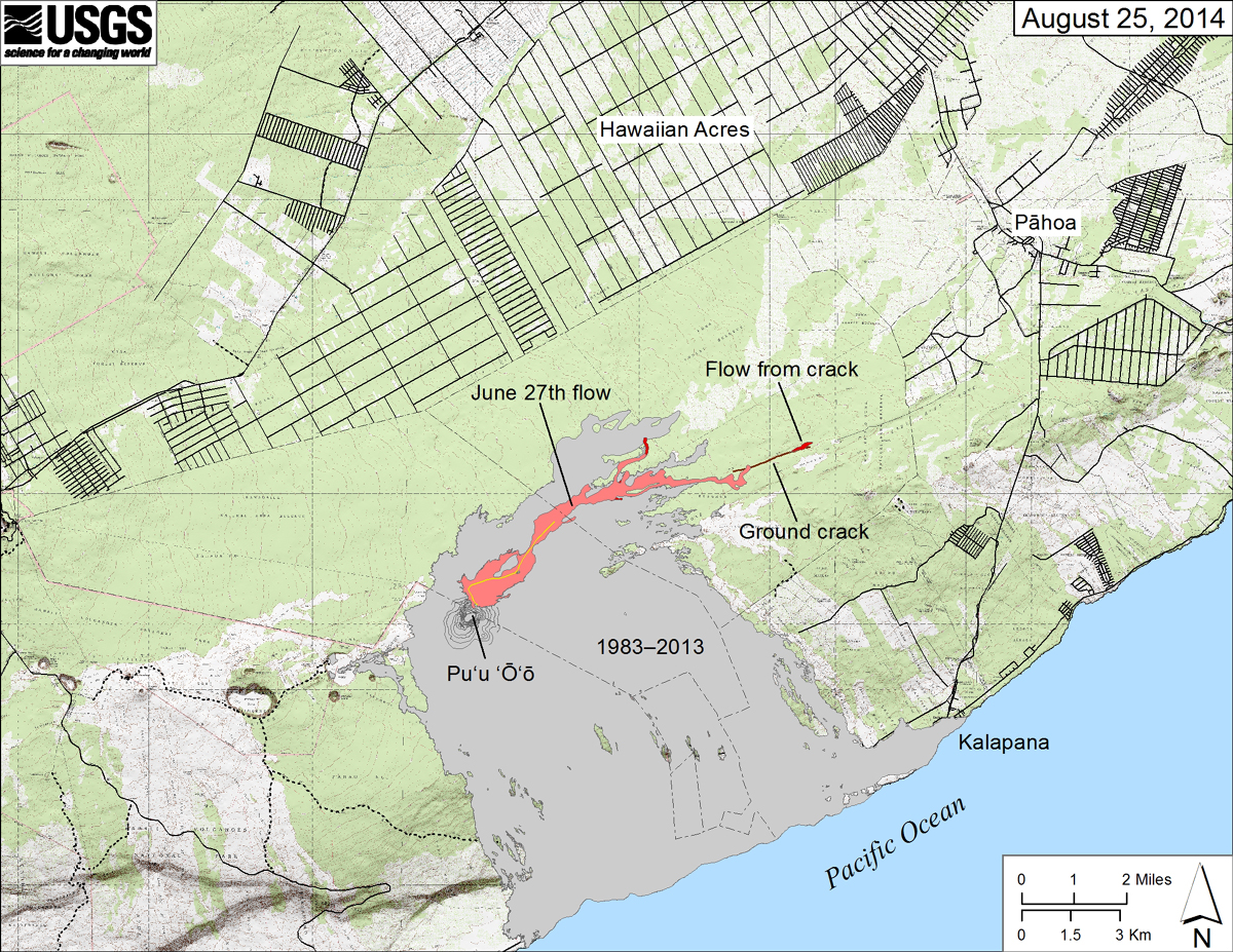 This map was produced by USGS HVO geologists and posted just before the start of the meeting. It shows the June 27th lava flow emerging from the eastern end of a deep crack on Kīlauea's East Rift Zone, where it has plunged into last week. While the lava was in the crack, it remained hidden for several days. On Monday scientist observed that the lava had returned to the surface at a point slightly farther along the crack, creating a small island of lava surrounded by thick forest. HVO says the farthest tip of the flow - as of Monday - was 7.1 miles northeast of the vent on Puʻu ʻŌʻō, and 1.9 miles from the eastern boundary of the Wao Kele o Puna forest reserve.