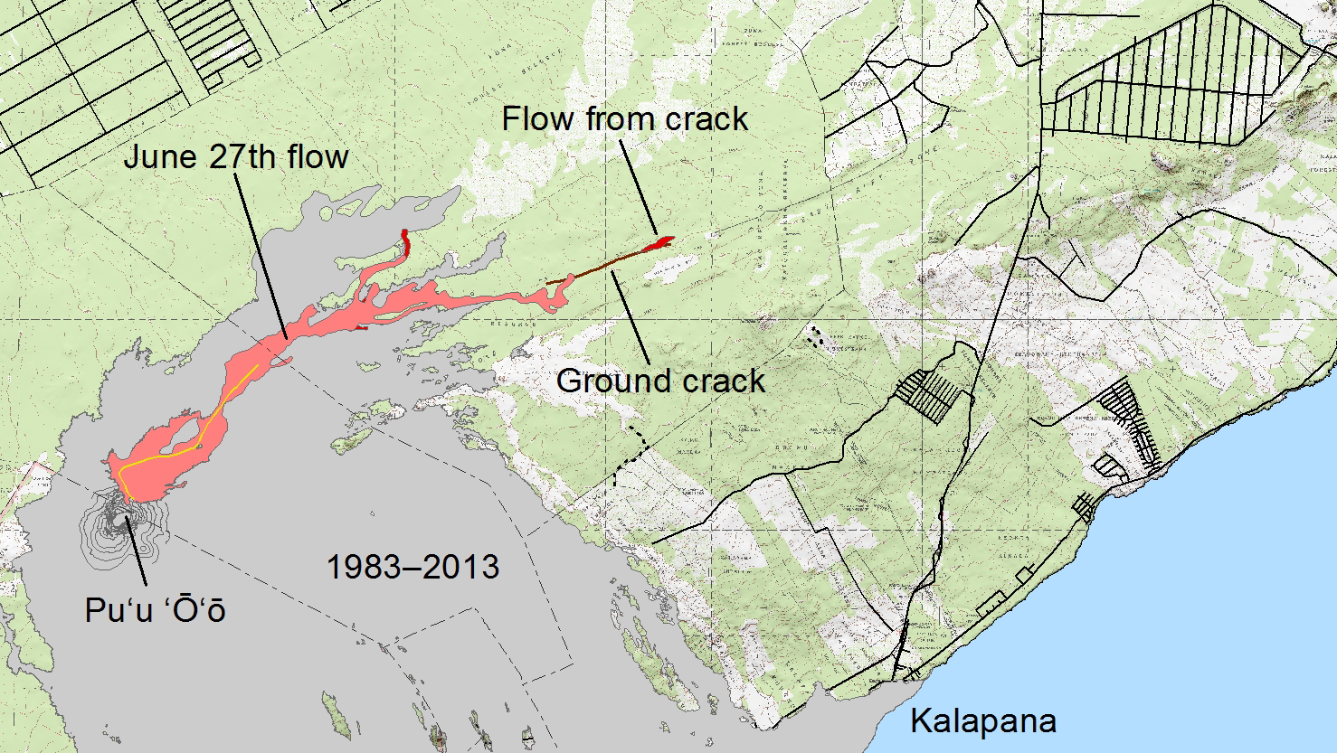 Close up of the USGS HVO map showing the location of the lava flow as of August 25th.