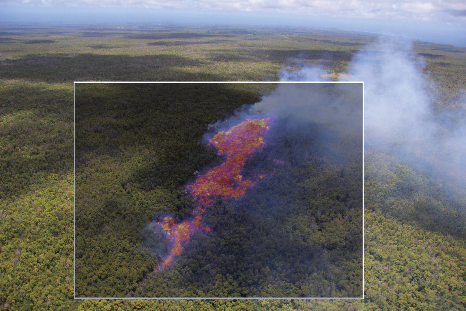 View of the pad of lava with the equivalent view from a thermal camera. The two images, both produced by USGS HVO, are presented side by side on the HVO website. Big Island Video News superimposed the inset thermal image over the photo. 