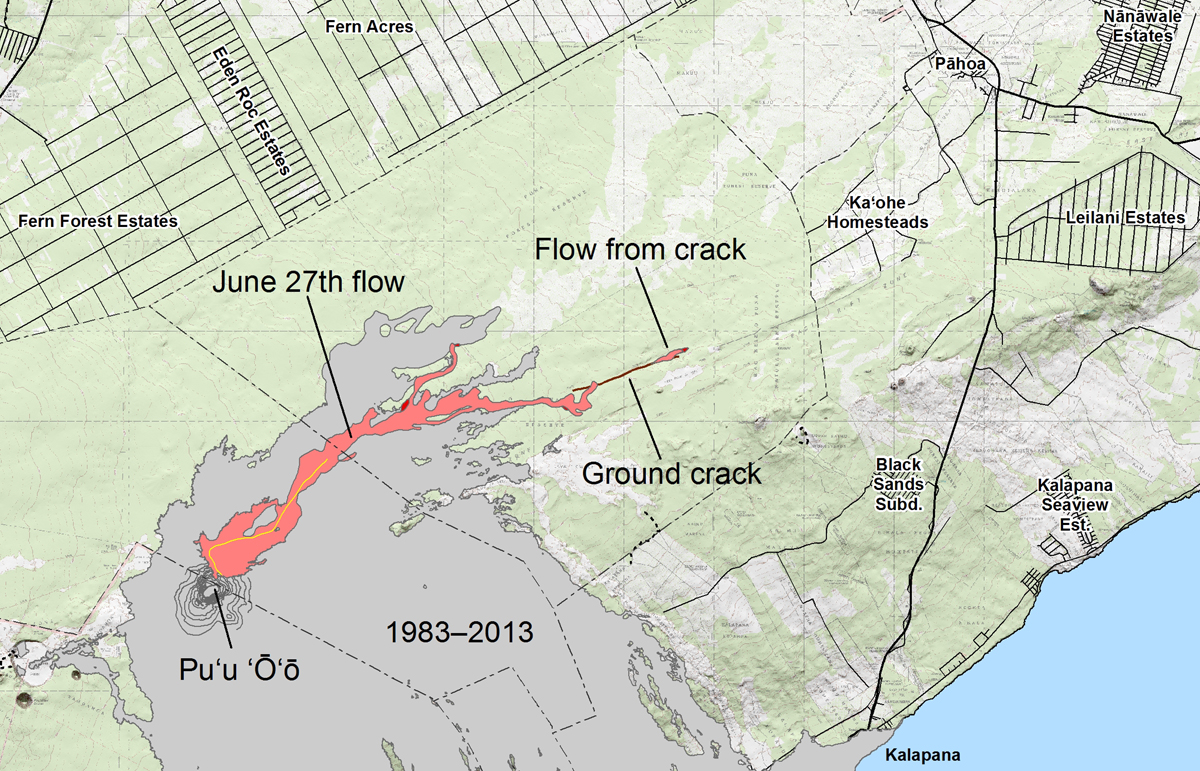 According to USGS: The area of the flow as mapped on August 25 is shown in pink, while widening and advancement of the flow as of August 27 is shown in red. The brown line marks the ground crack that channeled lava to the east, where it emerged to form a new pad of lava over the past couple of days. The distal tip of this new lava pad is 11.5 km (7.1 miles) east-northeast of Puʻu ʻŌʻō, and 3.0 km (1.9 miles) from the edge of the Wao Kele O Puna Forest Reserve. However, the tip of the flow was inactive today and there was no indication that lava was continuing to advance within ground cracks. The most distant active flows were 8.5 km (5.3 miles) from the vent. All older lava flows (1983–2014) are shown in gray. The thin yellow line marks a portion of the lava tube feeding the flow. 