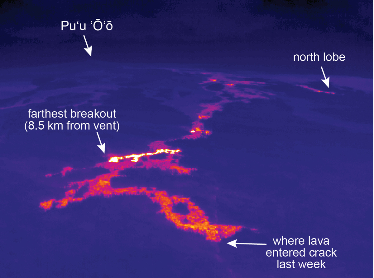 Here is the same view of the lava lobe, using a thermal camera. The thermal camera clearly shows the extent of the farthest active breakout, which was relatively small. (USGS HVO)