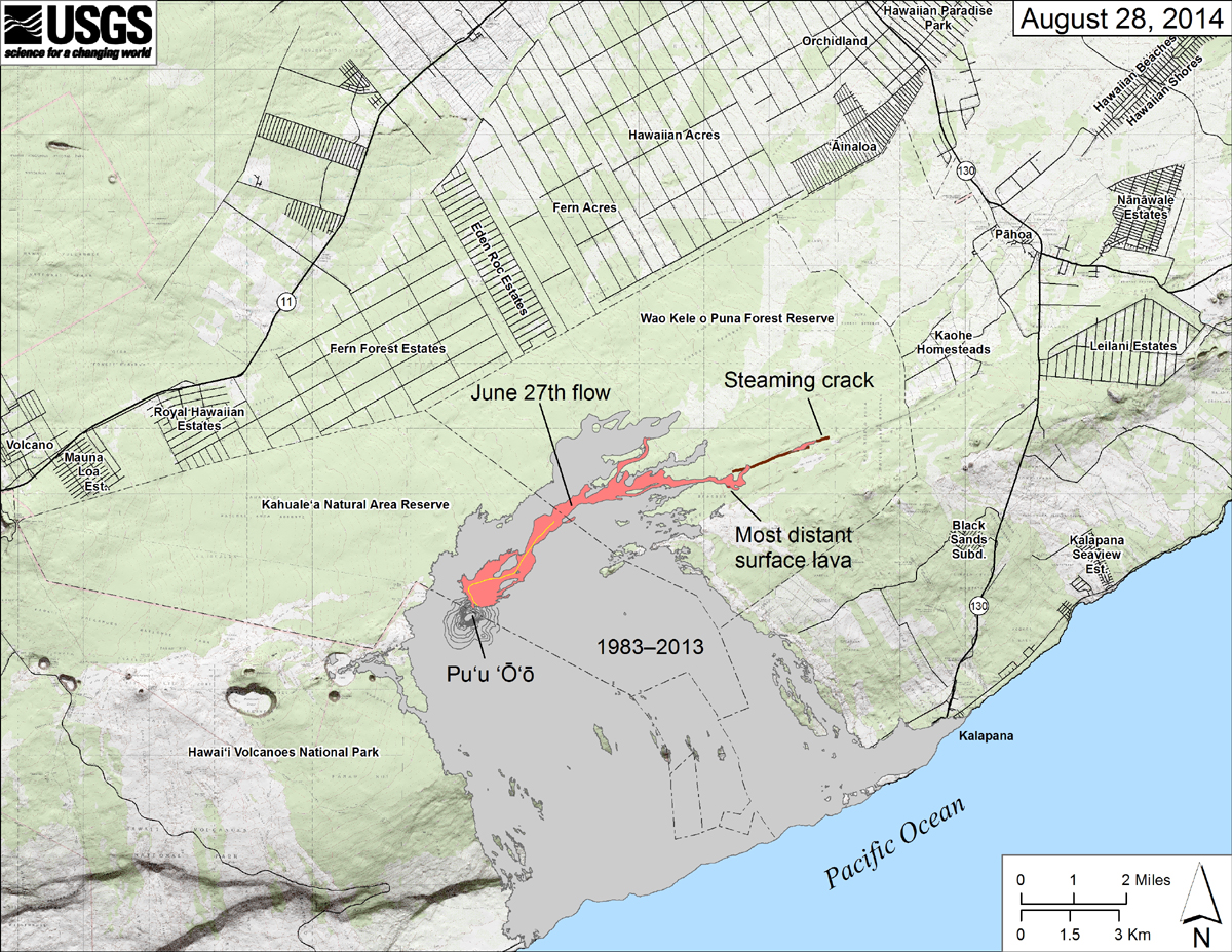 USGS HVO: Map showing the June 27th flow in Kīlauea’s East Rift Zone as of August 28, 2014. The area of the flow as mapped on August 27 is shown in pink, while widening and advancement of the flow as of August 28 is shown in red. All older lava flows (1983–2014) are shown in gray. The thin yellow line marks a portion of the lava tube feeding the flow. On Thursday, steam was rising above a crack extending east beyond the end of the lava pad, suggesting that lava was once again advancing within a crack below ground. The most distant steaming area was 11.9 km (7.4 miles) from the vent and 2.6 km (1.6 miles) from east boundary of the Wao Kele o Puna Forest Reserve.