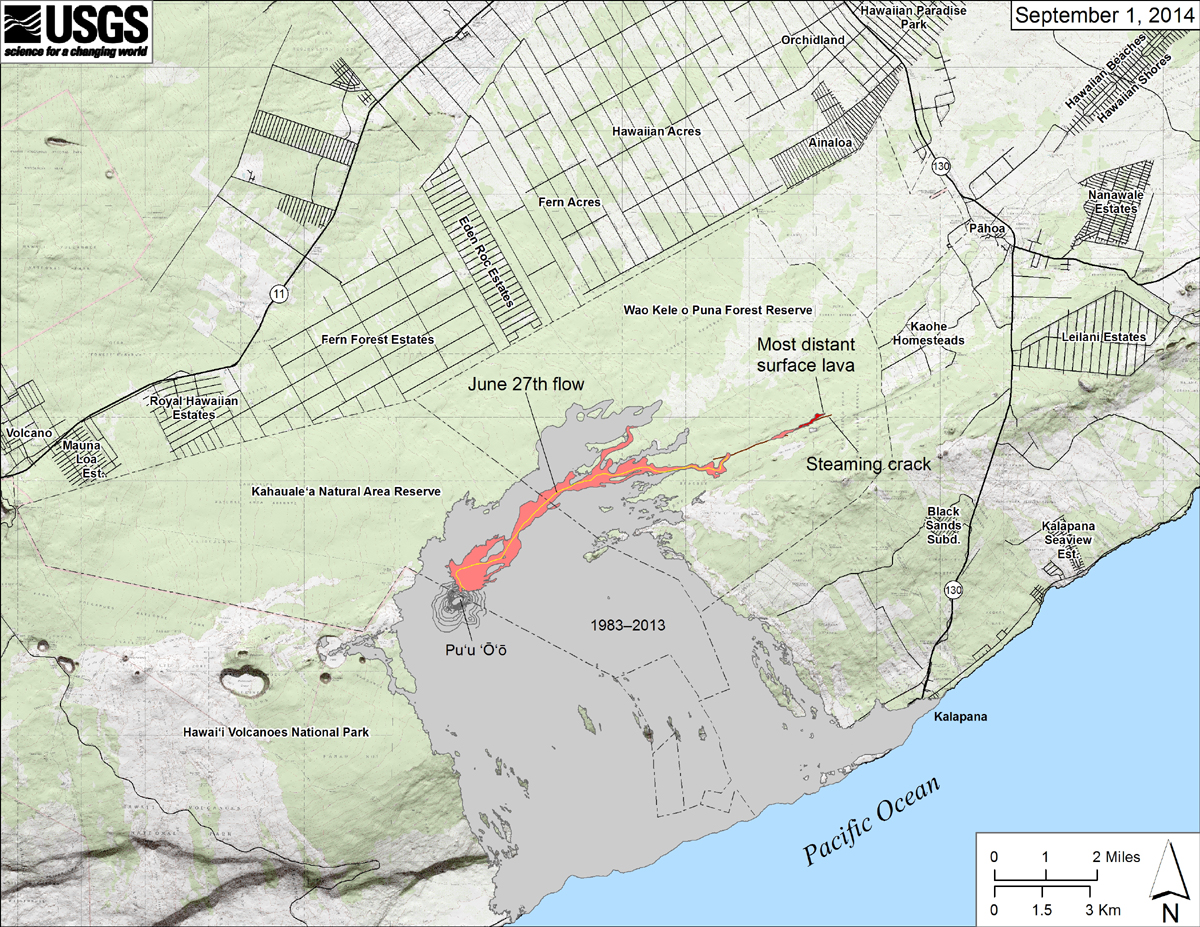 From USGS HVO: "Map showing the June 27th flow in Kīlauea’s East Rift Zone as of September 1, 2014. The area of the flow as mapped on August 29 is shown in pink, while widening and advancement of the flow as of September 1 is shown in red. The only place where lava significantly widened the margin was at the distal end of the flow, where lava in the forest had reached 12.6 km (7.8 miles) from the vent. Most lava at the far end of the flow, however, was cascading into a deep ground crack (brown line), which was steaming at the surface. The most distant steam, which may represent the leading end of the lava in the crack, was 12.9 km (7.9 miles) from the vent and 1.7 km (1.1 miles) from the east boundary of the Wao Kele o Puna Forest Reserve. All older lava flows (1983–2014) are shown in gray; the yellow line within the flow marks the lava tube."