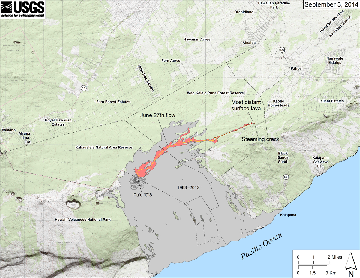 USGS HVO: "Map showing the June 27th flow in Kīlauea’s East Rift Zone as of September 3, 2014. The area of the flow as mapped on September 1 is shown in pink, while widening and advancement of the flow as of September 3 is shown in red. Last night, lava welled up out of the crack it was filling and spilled out onto the ground to feed new surface flows. As of early afternoon today (September 3), lava on the surface was 13.2 km (8.2 miles) from the vent and 1.3 km (0.8 miles) from the east boundary of the Wao Kele o Puna Forest Reserve. All older lava flows (1983–2014) are shown in gray; the yellow line marks the lava tube." 