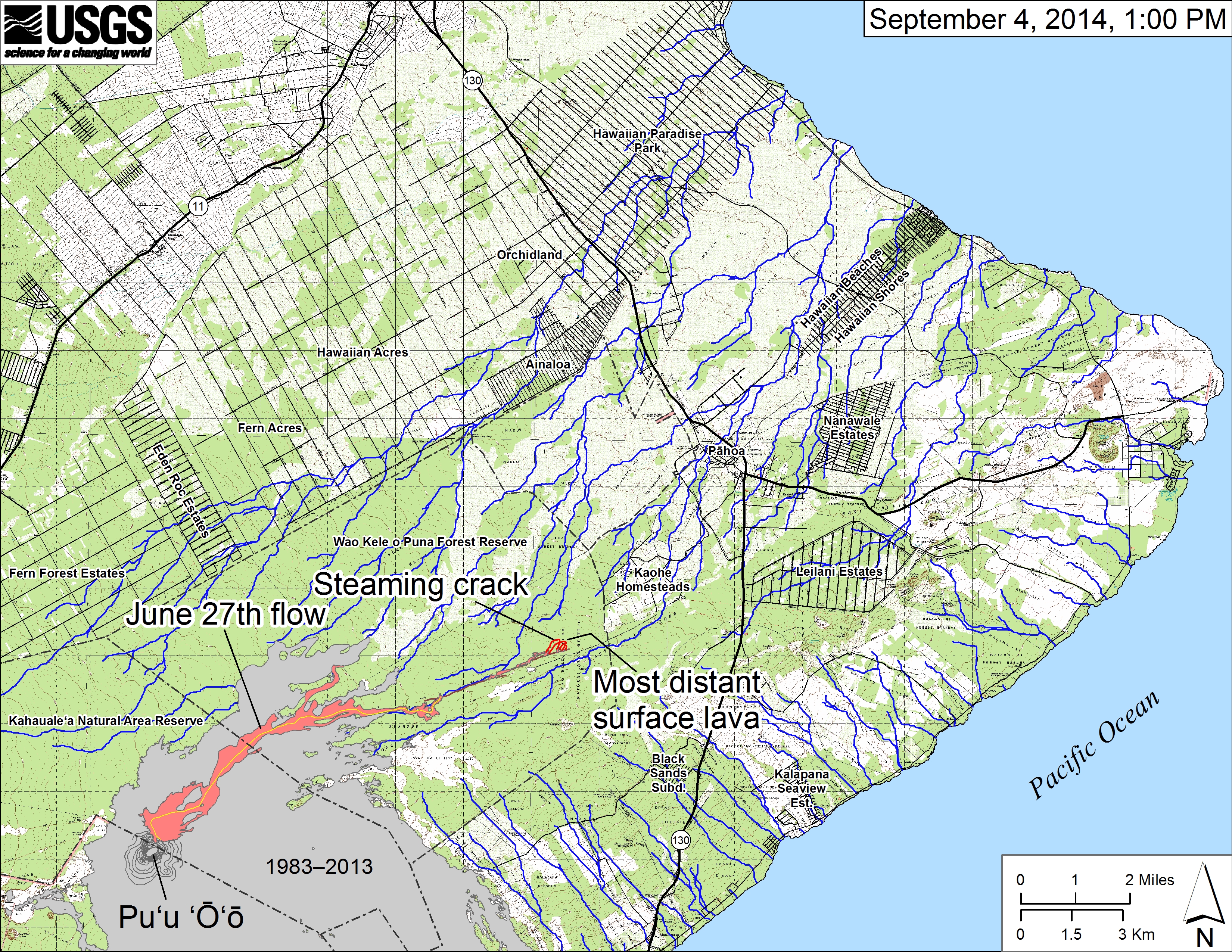 USGS HVO: Small-scale map showing the June 27th flow in Kīlauea’s East Rift Zone as of September 4, 2014. Lava on the surface at 1 PM, outlined in red, was 13.3 km (8.3 miles) from the vent and 1.2 km (0.7 miles) from the east boundary of the Wao Kele o Puna Forest Reserve. The front of the flow was spilling into another crack, which was steaming. The blue lines show potential flow paths calculated from a 1983 digital elevation model (DEM). All older lava flows (1983–2014) are shown in gray; the yellow line marks the lava tube. For an explanation of potential flow path calculations see: http://pubs.usgs.gov/of/2007/1264/. 