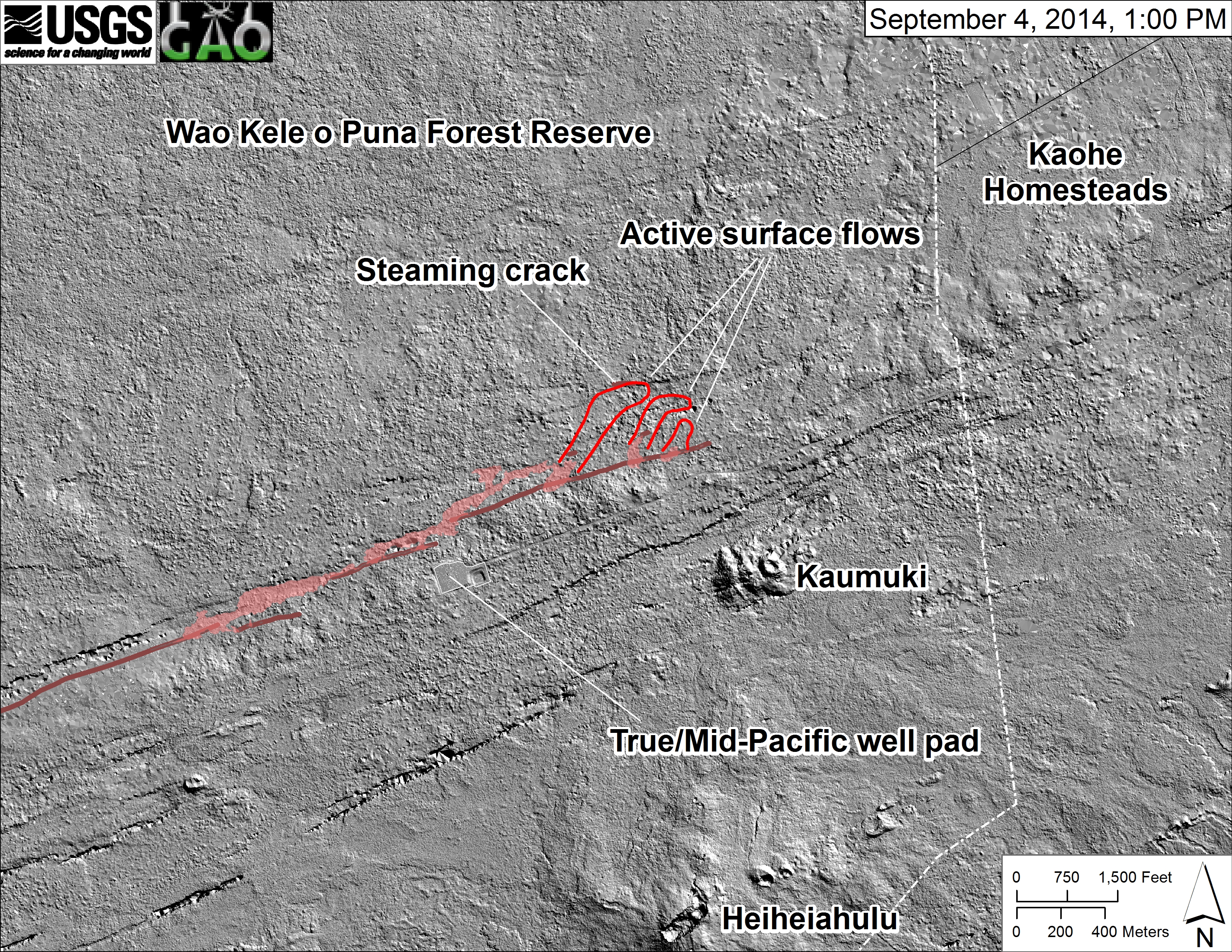 This shaded-relief map, courtesy of the Carnegie Airborne Observatory, shows some of the cracks and faults that are present in Kīlauea’s East Rift Zone. The June 27th flow is partly transparent and shown in pink, while the active surface lava at 1 PM on September 4 are outlined in red. The front of the western of these three pads of lava was entering another ground crack, which was steaming. (USGS HVO)