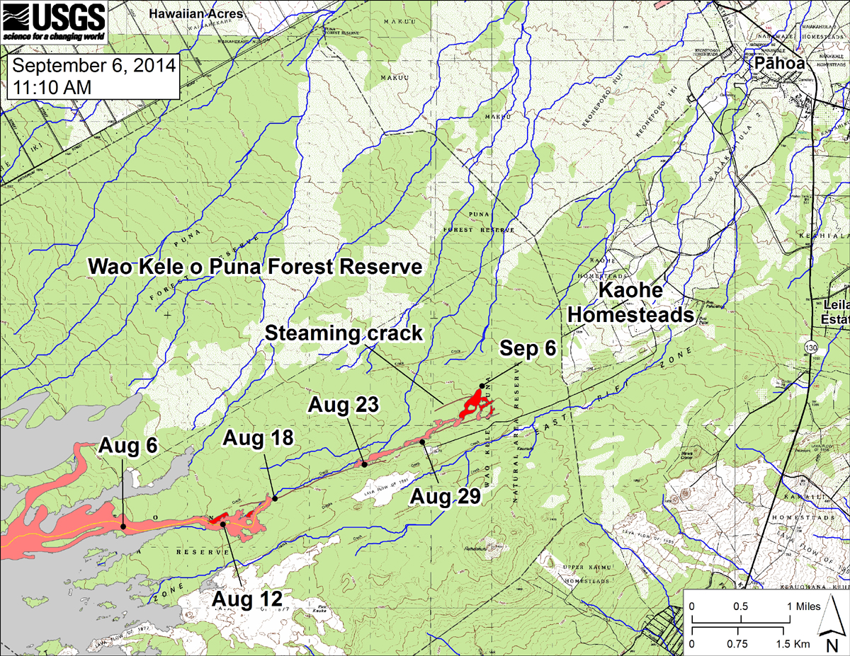 USGS HVO says, "This large-scale map shows the distal part of the June 27th flow in relation to nearby Puna communities. The area of the flow on September 3 is shown in pink, while widening and advancement of the flow as mapped on September 6 at ~11:10 AM is shown in red. The black dots mark the flow front on specific dates. September 6 point Lat/Lon position: 19.448003/-154.992676 Decimal Degrees; WGS84. The blue lines show down-slope paths calculated from a 1983 digital elevation model (DEM; for calculation details, see http://pubs.usgs.gov/of/2007/1264/)."