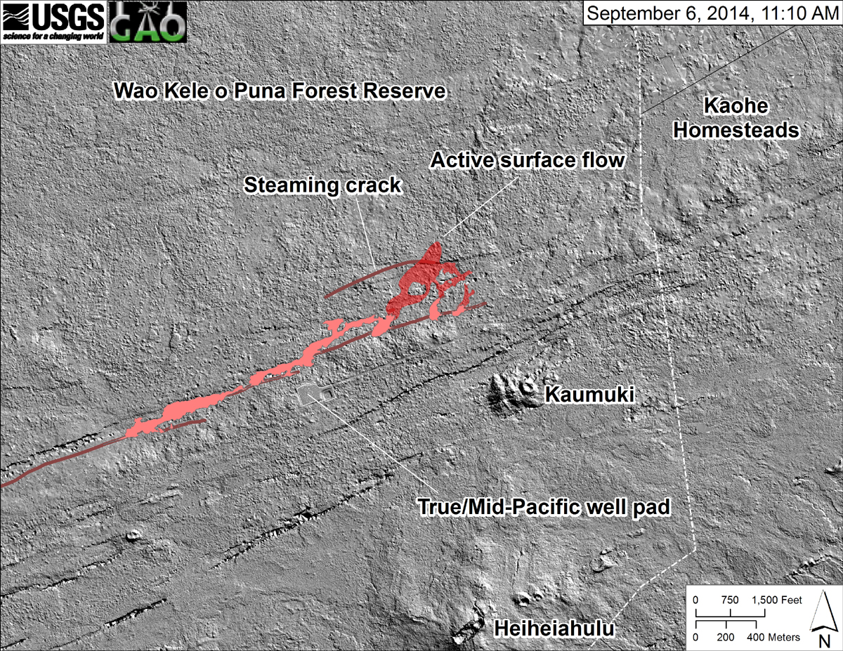 USGS HVO says, "This shaded-relief map, courtesy of the Carnegie Airborne Observatory, shows some of the cracks, faults, and grabens (down-dropped blocks between adjacent faults; http://earthquake.usgs.gov/learn/glossary/?term=graben) that are present in Kīlauea’s East Rift Zone, and which are partly controlling the June 27th flow’s advance direction. They are not old lava channels. The June 27th flow as of September 3 is shown in pink, while flow advance since then (as of ~11:10 AM on September 6) is partly transparent and shown in red. At the time of the mapping, the flow had mostly filled a ground crack (which extended to the west and was steaming) and was advancing toward the north." 