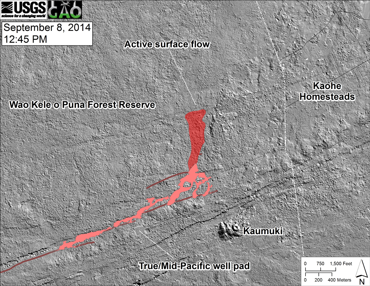 (USGS HVO) This shaded-relief map, courtesy of the Carnegie Airborne Observatory, shows some of the cracks, faults, and grabens (down-dropped blocks between adjacent faults; http://earthquake.usgs.gov/learn/glossary/?term=graben) that are present in Kīlauea’s East Rift Zone, and which have partly controlled the June 27th flow’s advance direction. The June 27th flow as of September 6 is shown in pink, while flow advance since then (as of ~12:45 PM on September 8) is partly transparent and shown in red. At the time of the mapping, the flow was advancing toward the north, and its front was at the location of the last obvious east-northeast-trending structure visible on the map.