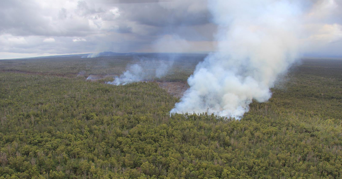 (USGS HVO) The flow continued to advance through thick forest, creating smoke plumes as it engulfed trees and other vegetation. The smell of smoke has been detected far downwind of the flow, but fires are not spreading beyond the margin of the flow. Small, sluggish breakouts of lava (smoke plumes in far distance) also remain active closer to Puʻu ʻŌʻō, roughly midway along the length of the June 27th flow.