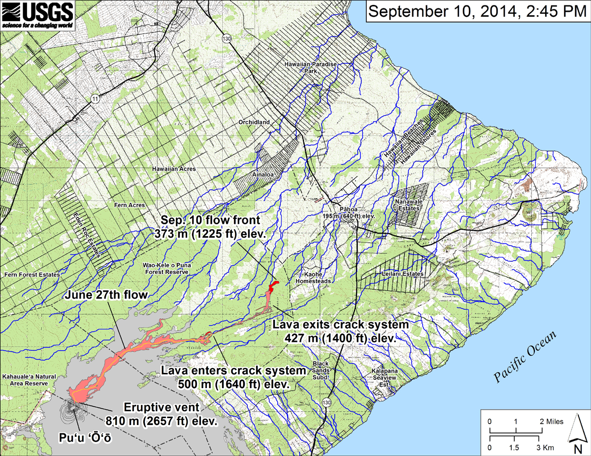 New USGS HVO map: "This small-scale map shows the June 27th flow in Kīlauea’s East Rift Zone on September 10, 2014." write scientists. "The area of the flow on September 8, 2014, at 12:45 PM is shown in pink, while widening and advancement of the flow as mapped on September 10 at 2:45 PM is shown in red. The front of the active flow was 14.5 km (9.0 miles; straight-line distance) from the vent and 0.6 km (0.4 miles) from the east boundary of the Wao Kele o Puna Forest Reserve. The actual length of the flow, measured along the lava tube axis (so that bends in the flow are considered) is 16.6 km (10.3 miles). The flow was advancing toward the northeast. The blue lines show down-slope paths calculated from a 1983 digital elevation model (DEM). For an explanation of down-slope path calculations, see: http://pubs.usgs.gov/of/2007/1264/. All older Puʻu ʻŌʻō lava flows (1983–2014) are shown in gray; the yellow line marks the lava tube."