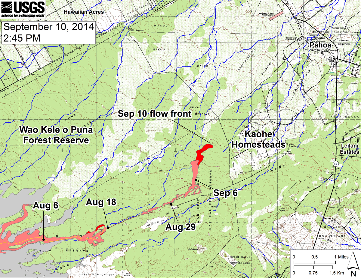 According to USGS, "This large-scale map shows the distal part of the June 27th flow in relation to nearby Puna communities. The black dots mark the flow front on specific dates. The latitude and longitude of the flow front on September 8 was 19.460895/-154.986613 (Decimal degrees; WGS84). The blue lines show down-slope paths calculated from a 1983 digital elevation model"