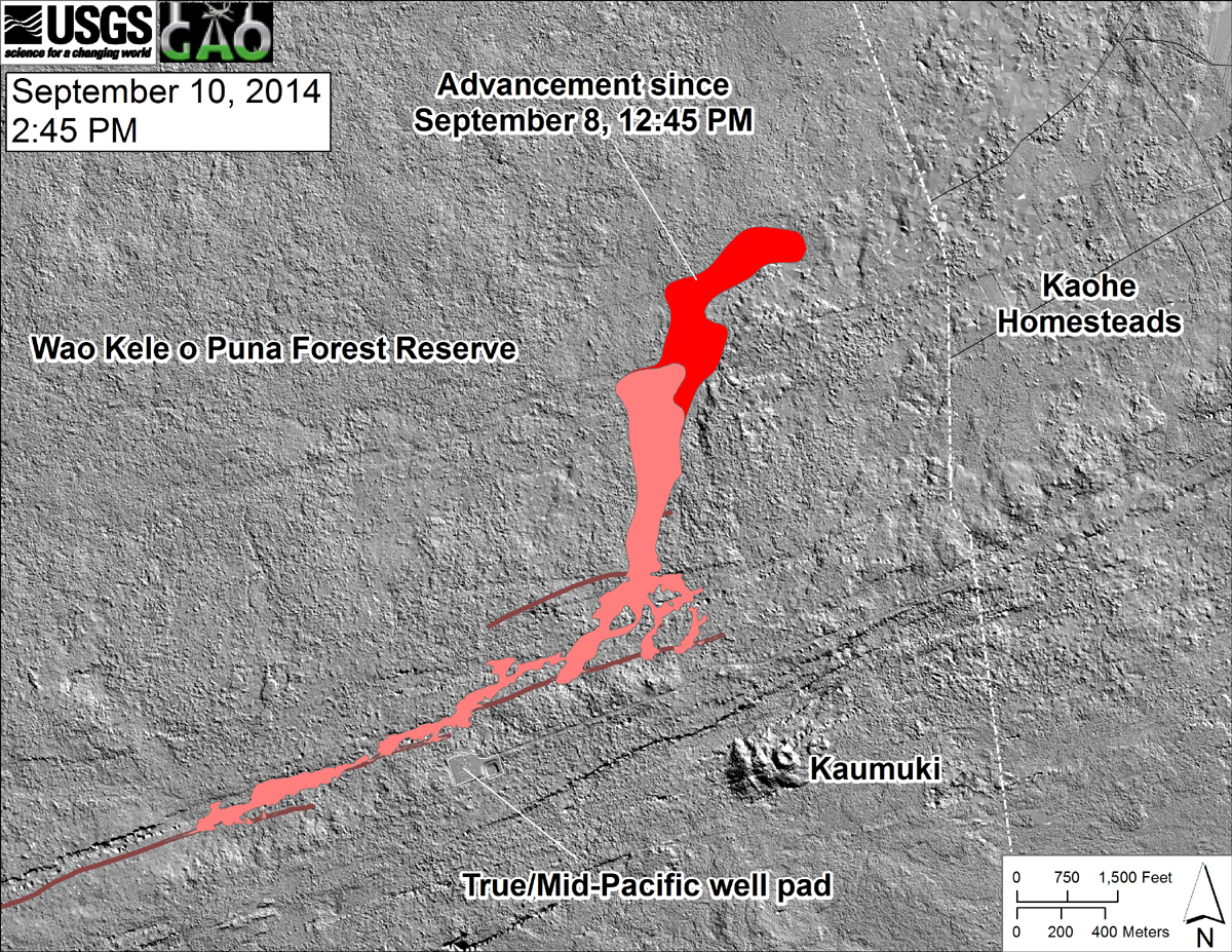 From USGS: "This shaded-relief map, with digital surface data provided by the Carnegie Airborne Observatory, shows some of the cracks, faults, and grabens (down-dropped blocks between adjacent faults; http://earthquake.usgs.gov/learn/glossary/?term=graben) that are present in Kīlauea’s East Rift Zone, and which have partly controlled the June 27th flow’s advance direction. The June 27th flow as of September 8, 2014, at 12:45 PM is shown in pink, while flow advance since then (as of ~2:45 PM on September 10) is shown in red. At the time of the mapping, the flow was advancing toward the northeast."