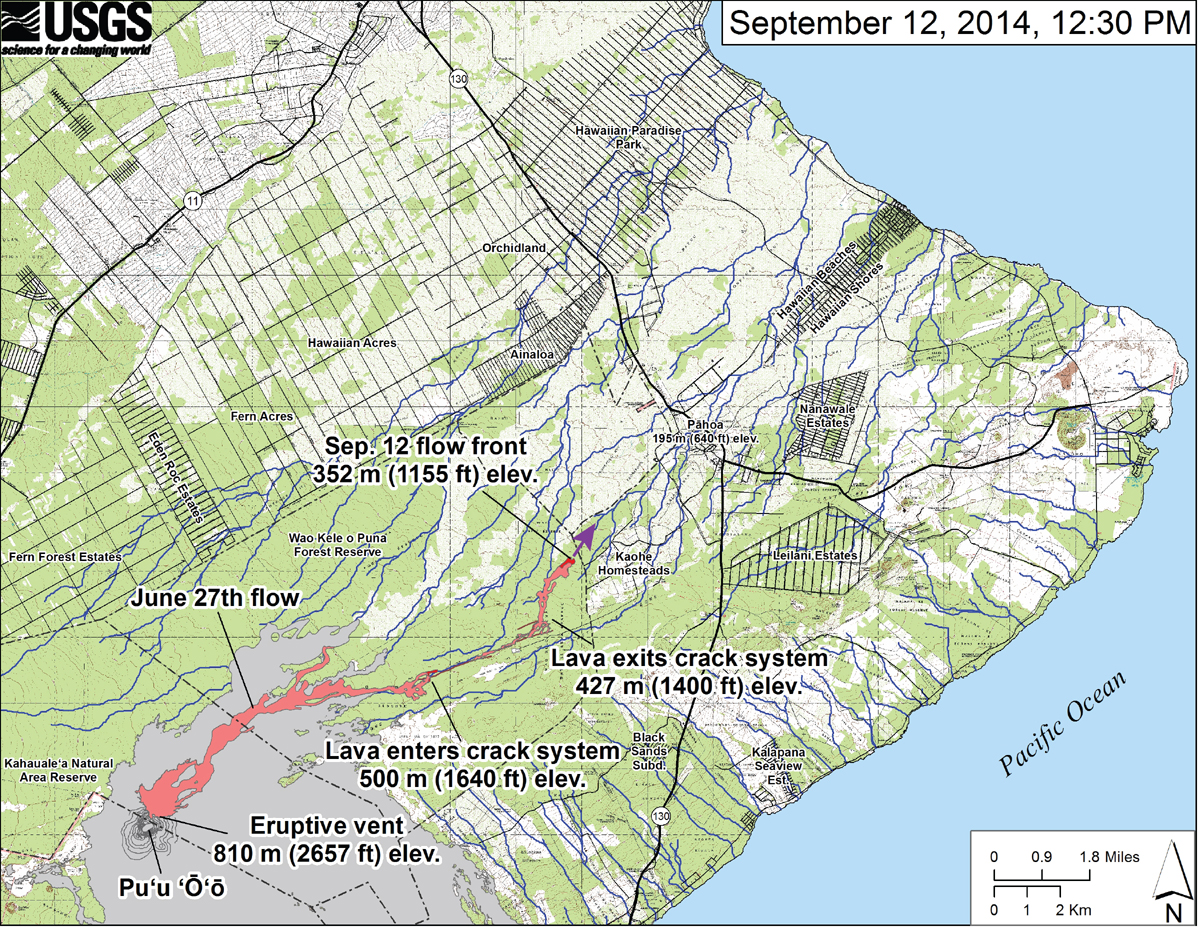 USGS HVO: "This small-scale map shows the June 27th flow in Kīlauea’s East Rift Zone on September 12, 2014. The area of the flow on September 10, 2014, at 2:45 PM is shown in pink, while widening and advancement of the flow as mapped on September 12 at 12:30 PM is shown in red. The front of the active flow was 14.9 km (9.3 miles; straight-line distance) from the vent and 0.17 km (0.1 miles) from the east boundary of the Wao Kele o Puna Forest Reserve. The actual length of the flow, measured along the lava tube axis (so that bends in the flow are considered) is 17.1 km (10.6 miles). The flow was advancing toward the northeast. The blue lines show down-slope paths calculated from a 1983 digital elevation model (DEM)."