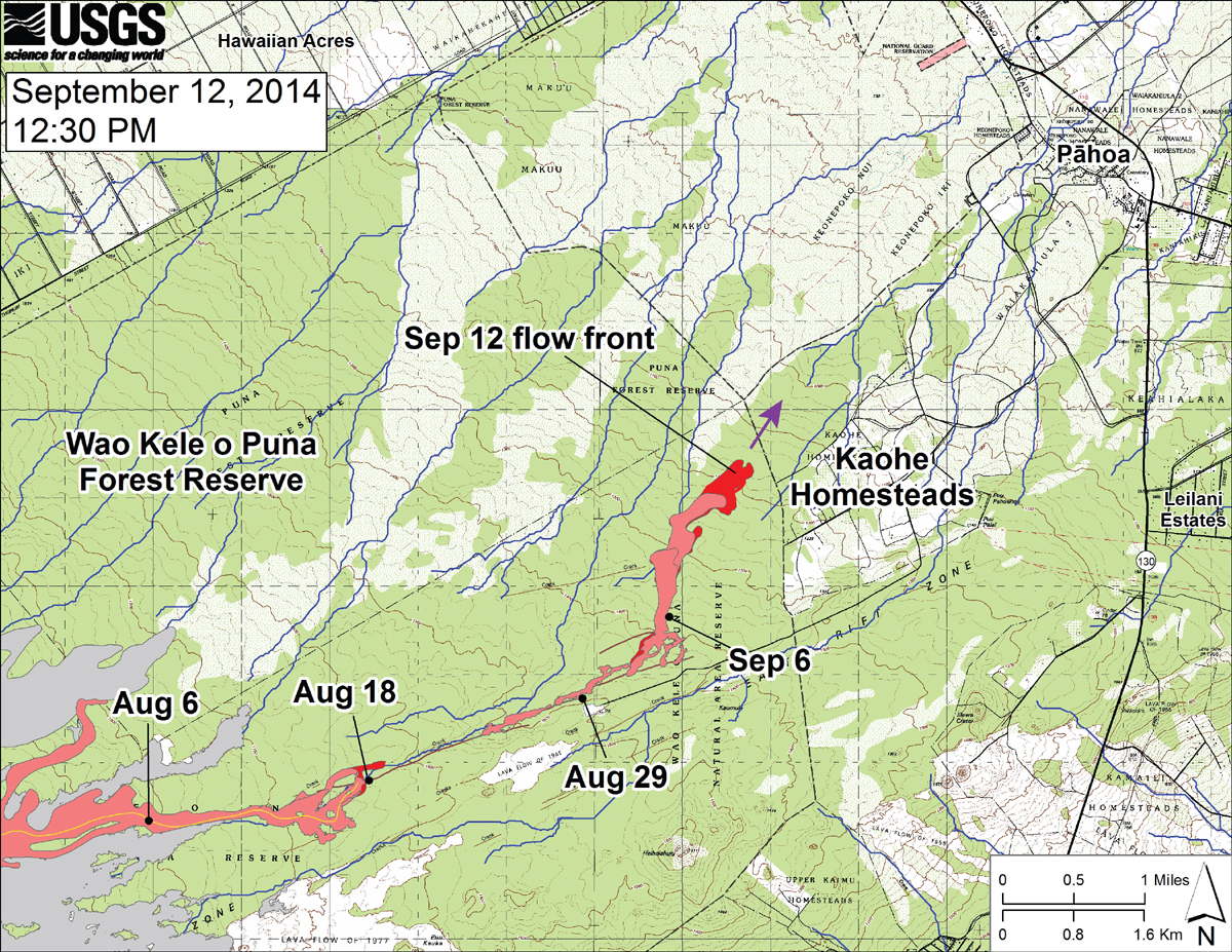 USGS HVO: "This large-scale map shows the distal part of the June 27th flow in relation to nearby Puna communities. The black dots mark the flow front on specific dates. The latitude and longitude of the flow front on September 12 was 19.46388/-154.98343 (Decimal degrees; WGS84). The blue lines show down-slope paths calculated from a 1983 digital elevation model."