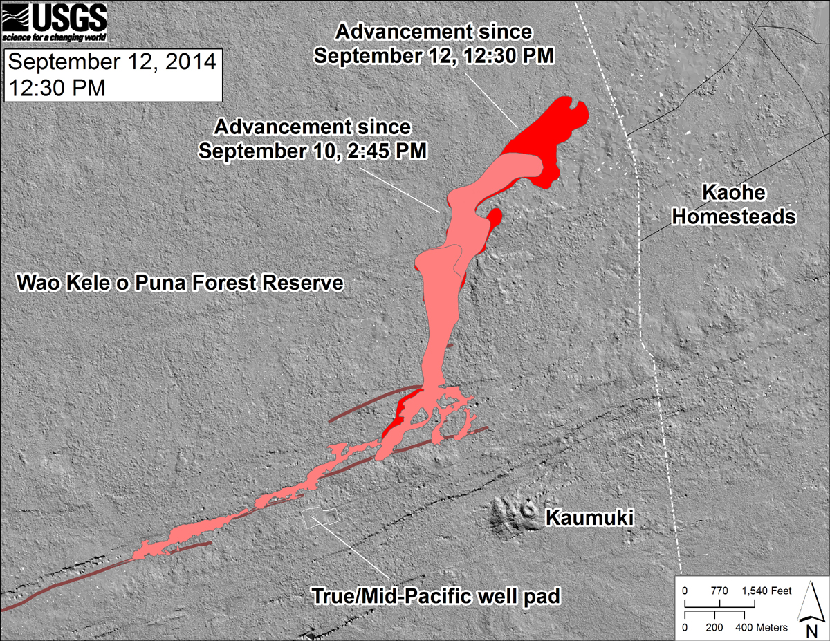 USGS HVO: "This shaded-relief map, with digital surface data provided by the Carnegie Airborne Observatory, shows some of the cracks, faults, and grabens (down-dropped blocks between adjacent faults; http://earthquake.usgs.gov/learn/glossary/?term=graben) that are present in Kīlauea’s East Rift Zone, and which have partly controlled the June 27th flow’s advance direction. The June 27th flow as of September 10, 2014, at 2:45 PM is shown in pink, while flow advance since then (as of ~12:30 PM on September 12) is shown in red. At the time of the mapping, the flow was advancing toward the northeast. "