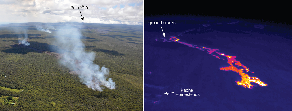 (USGS HVO) The photo on the left is compared here to a thermal image on the right, which provides a clear view of the flow front of the June 27th flow through the thick smoke. The vent for the June 27th flow is on Puʻu ʻŌʻō, which can be seen at the top of the normal photograph. After pouring in and out of ground cracks in late August, the flow finally emerged from the cracks around September 3 and began spilling out towards the north. The northwest portion of Kaohe Homesteads subdivision can be seen in the lower left of the images.