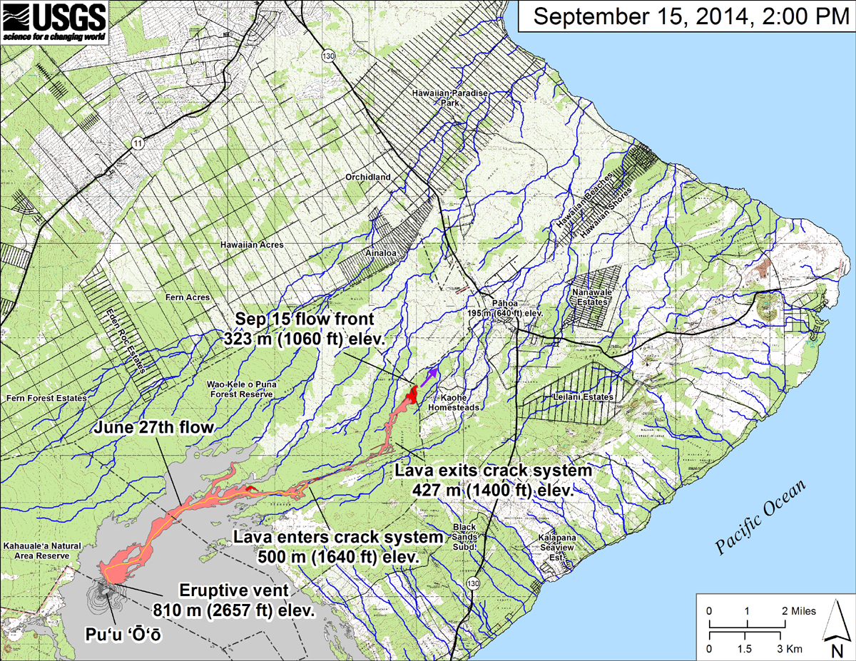 USGS: "This small-scale map shows the June 27th flow in Kīlauea’s East Rift Zone in relation to lower Puna. The area of the flow on September 12, 2014, at 12:30 PM is shown in pink, while widening and advancement of the flow as mapped on September 15 at 2:00 PM is shown in red. The front of the active flow was 15.5 km (9.6 miles; straight-line distance) from the vent and had crossed the Wao Kele o Puna Forest Reserve boundary into the vacant northwest corner of Kaohe Homesteads. The flow front was advancing toward the northeast and was 4.3 km (2.7 miles) upslope from Pāhoa Village Road. The actual length of the flow, measured along the lava tube axis (so that bends in the flow are considered) is 17.7 km (11.0 miles). The blue lines show down-slope paths calculated from a 1983 digital elevation model (DEM). The purple arrow shows a short term projection of flow direction based on the flow behavior over the past several days and the local topography." 