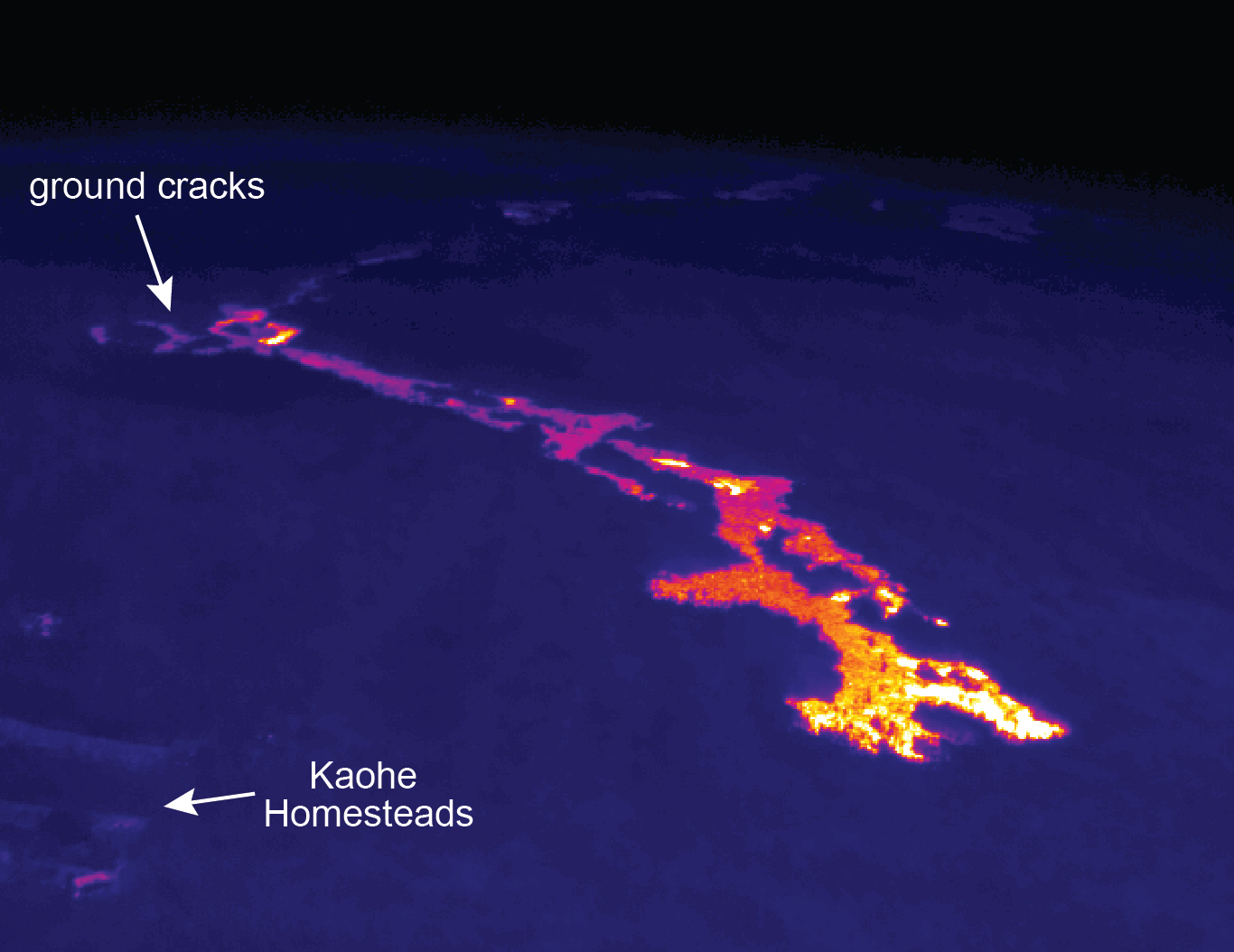 A thermal image of the June 27 lava flow front by USGS Hawaiian Volcano Observatory. h flow is on Puʻu ʻŌʻō, which can be seen at the top of the normal photograph. The flow emerged from ground cracks around September 3 and began spilling out towards the north, granting Kaohe Homesteads a reprieve. 