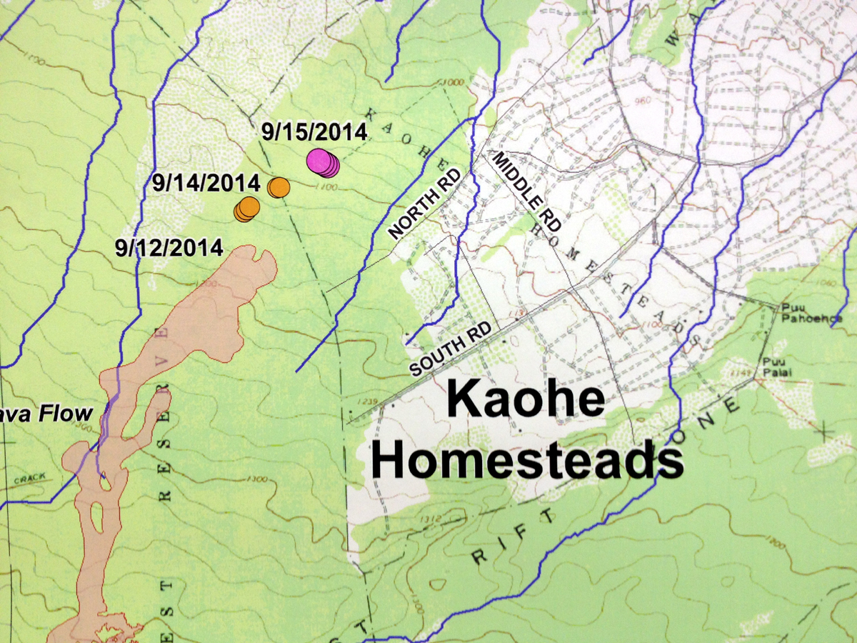 An image of a Hawaii County produced map showing today's location of the lava flow front, inside Kaohe subdivision. The USGS would later confirm the position of the lava with maps of their own.