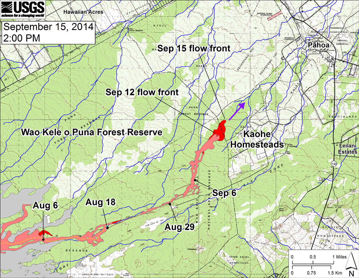 USGS: "This large-scale map shows the distal part of the June 27th flow in relation to nearby Puna communities. The black dots mark the flow front on specific dates. The latitude and longitude of the flow front on September 15 was 19.469506 /-154.981172 (Decimal degrees; WGS84). The blue lines show down-slope paths calculated from a 1983 digital elevation model (DEM; for calculation details, see http://pubs.usgs.gov/of/2007/1264/). Down-slope path analysis is based on the assumption that the digital elevation model (DEM) perfectly represents the earth's surface. But, DEMs are not perfect, so the blue lines on this map indicate approximate flow path directions. The purple arrow shows a short term projection of flow direction based on the flow behavior over the past several days and the local topography."